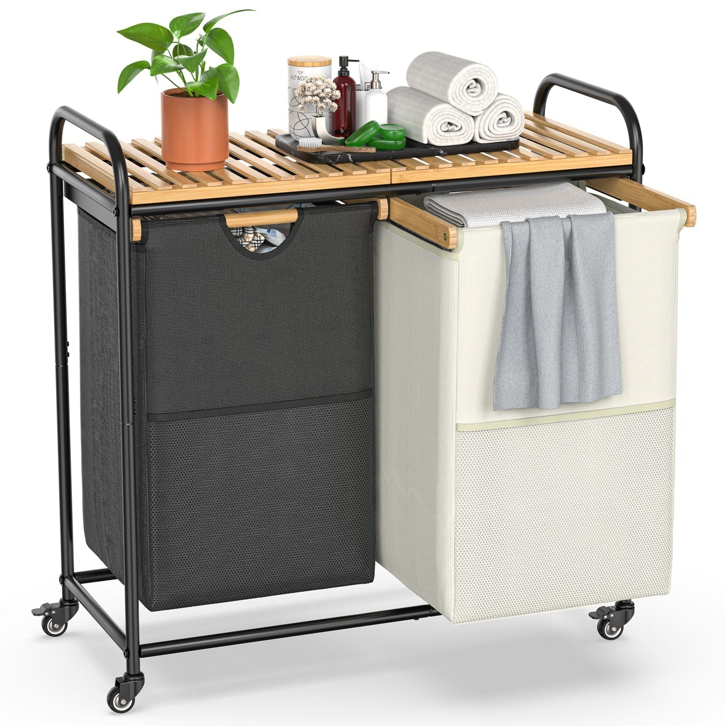 100L Bamboo Freestanding Laundry Hamper With Wheels, Storage Shelf and 2 Sliding Bag-0