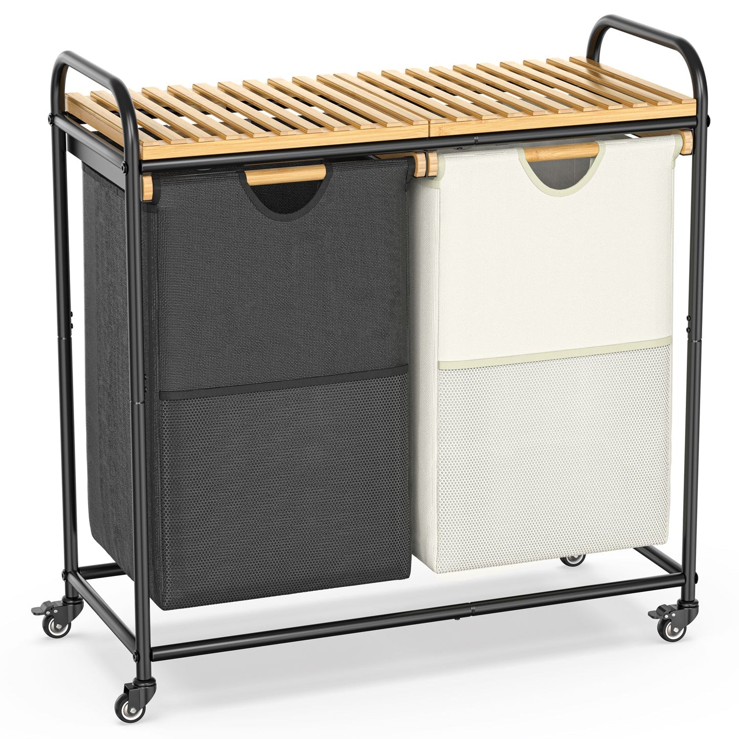 100L Bamboo Freestanding Laundry Hamper With Wheels, Storage Shelf and 2 Sliding Bag-1
