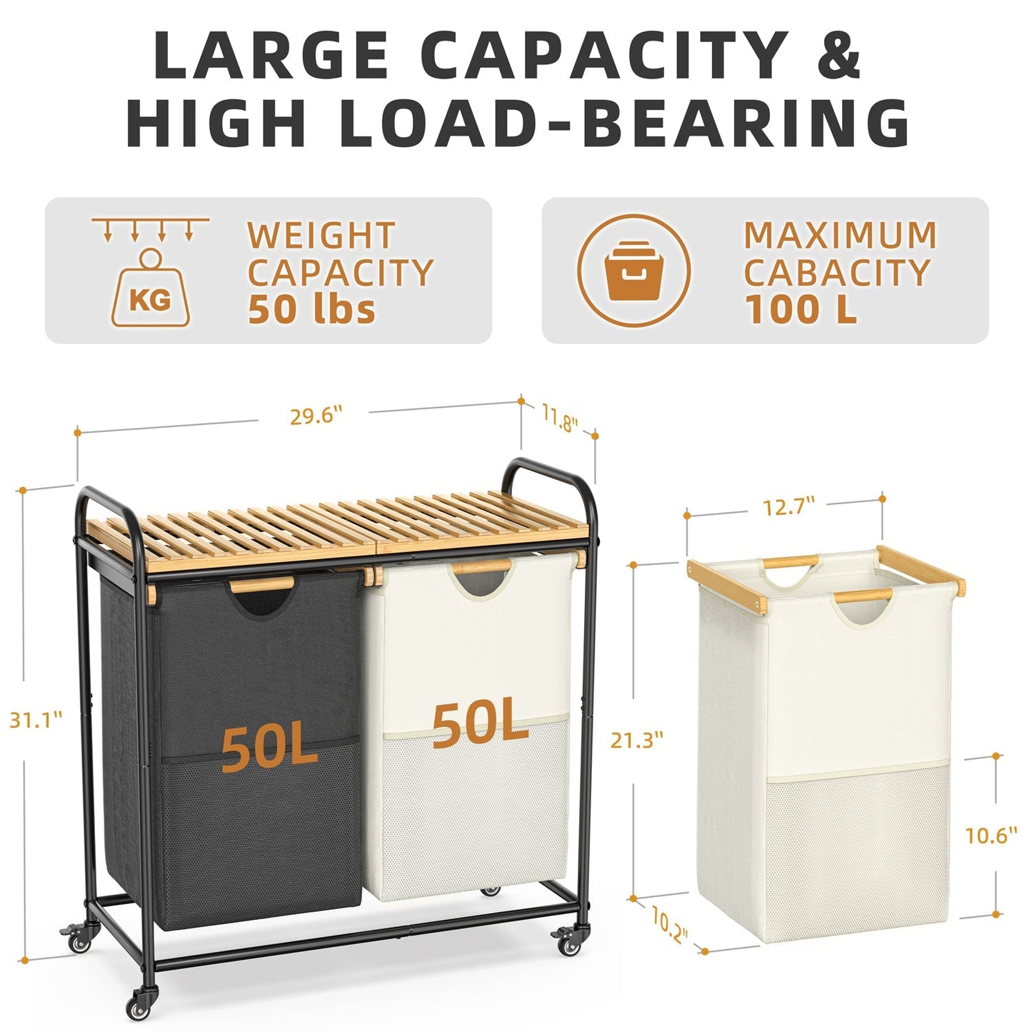 100L Bamboo Freestanding Laundry Hamper With Wheels, Storage Shelf and 2 Sliding Bag-2