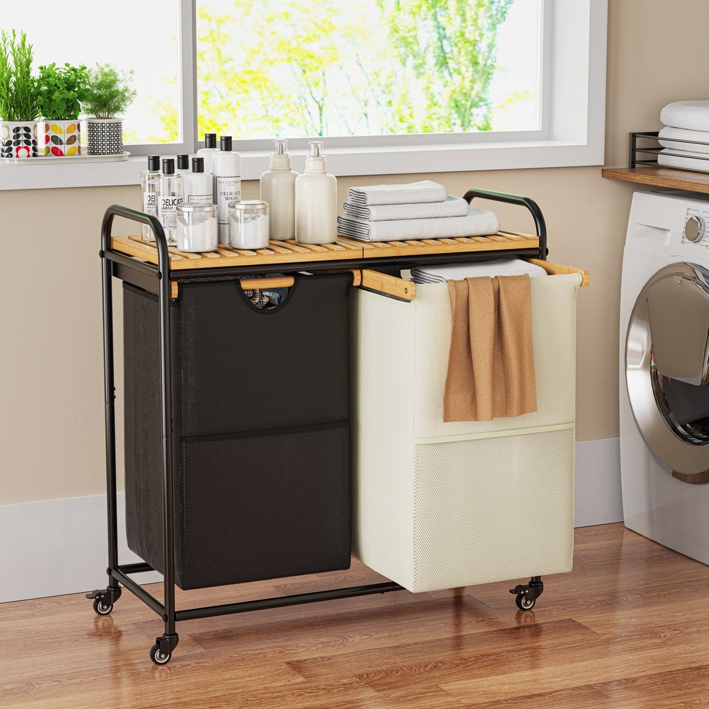 100L Bamboo Freestanding Laundry Hamper With Wheels, Storage Shelf and 2 Sliding Bag-3