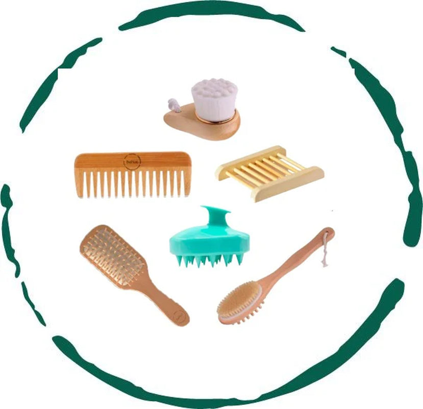 6-Piece Eco Bath Accessories Set – Bamboo Body Brushes, Comb, Scalp Massager & Soap Dish | Sustainable Self-Care Kit