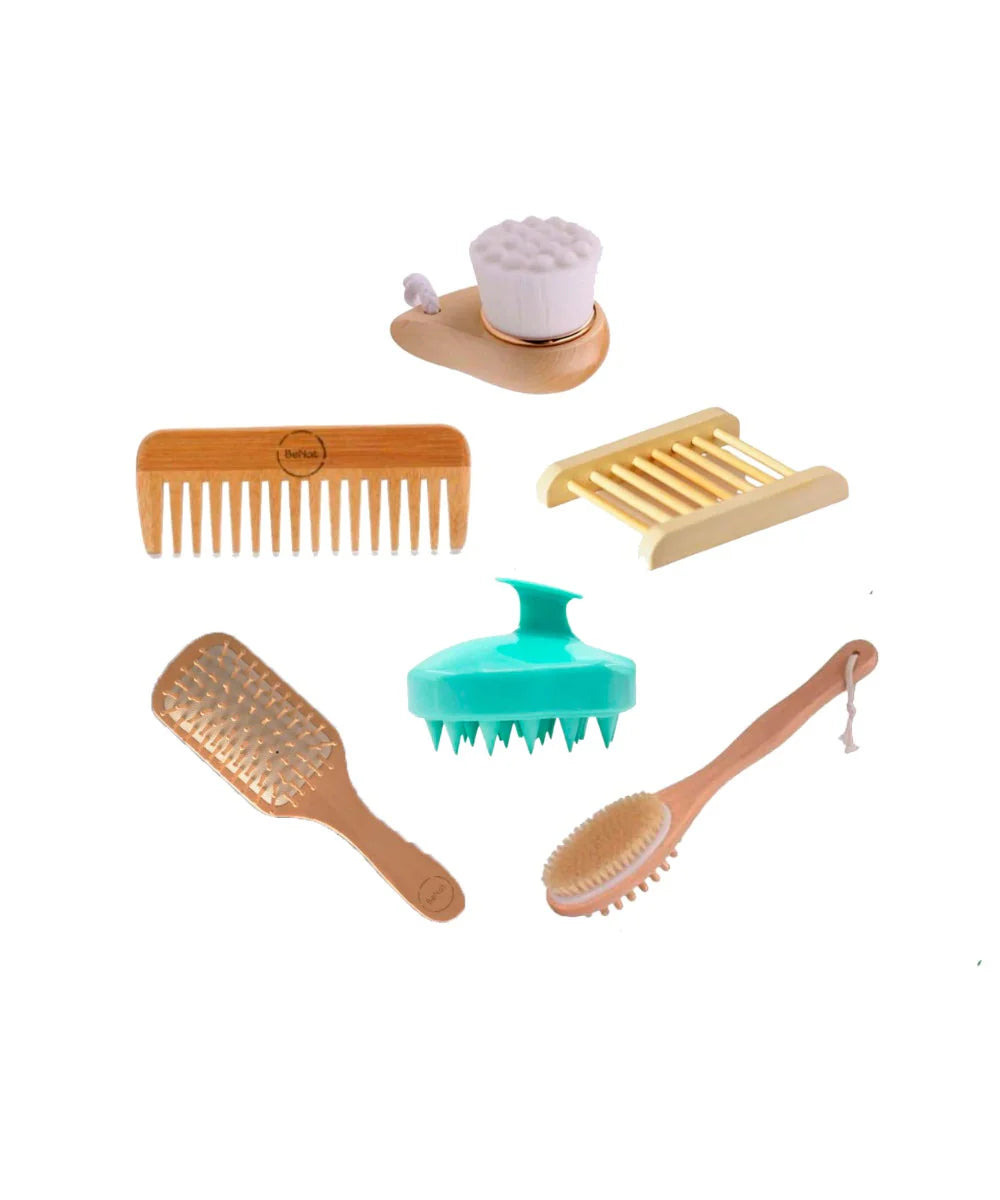 6-Piece Eco Bath Accessories Set – Bamboo Body Brushes, Comb, Scalp Massager & Soap Dish | Sustainable Self-Care Kit