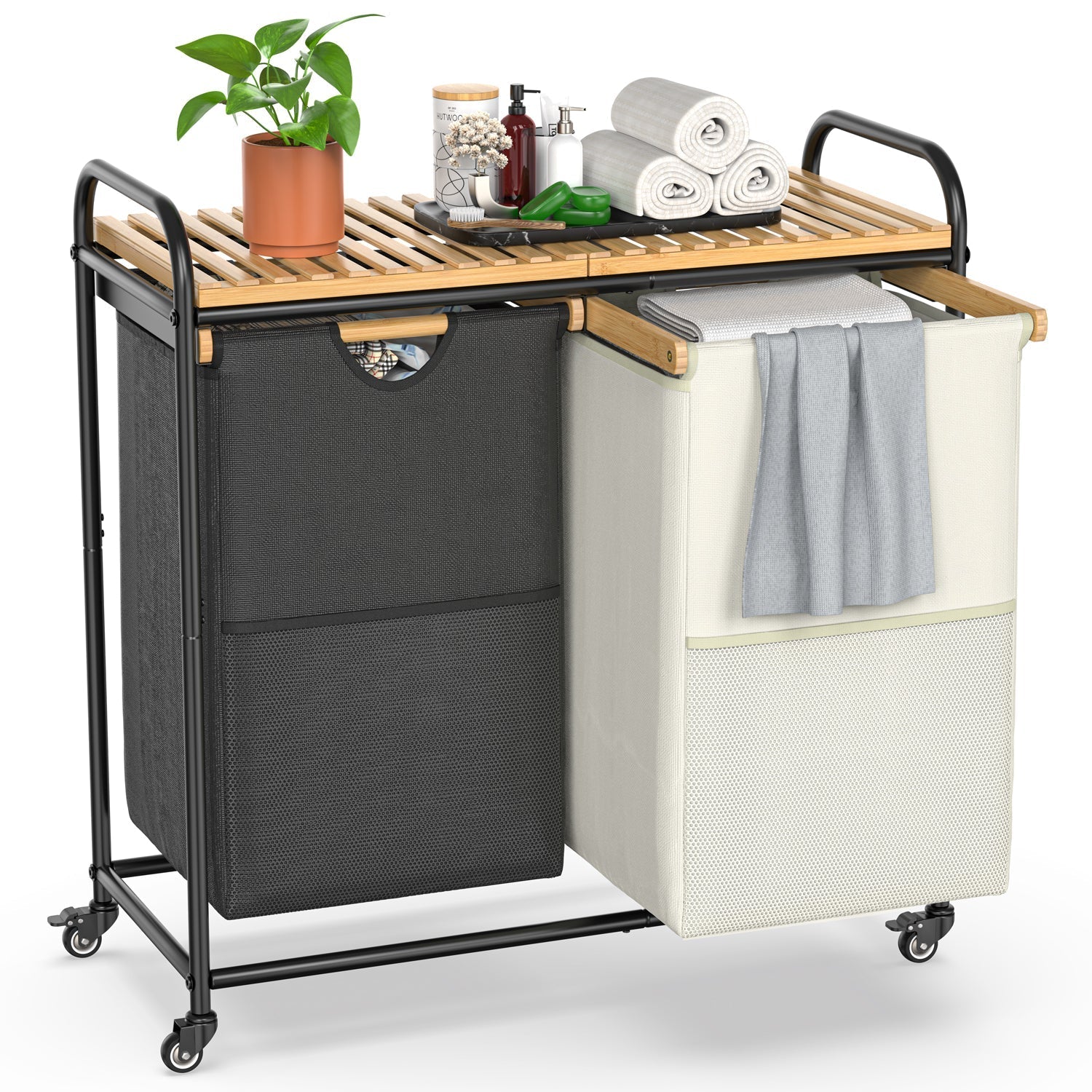 100L Bamboo Freestanding Laundry Hamper With Wheels, Storage Shelf and 2 Sliding Bag-0