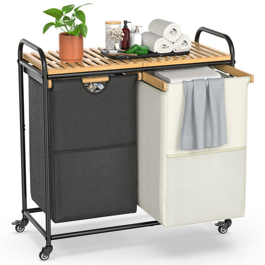 100L Bamboo Freestanding Laundry Hamper With Wheels, Storage Shelf and 2 Sliding Bag-0