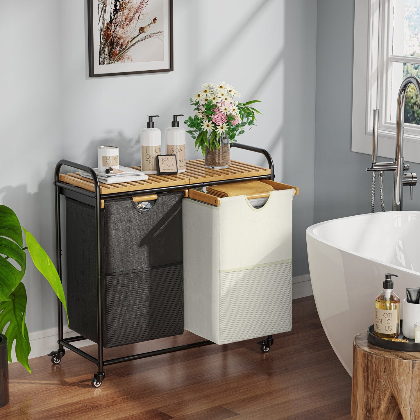 100L Bamboo Freestanding Laundry Hamper With Wheels, Storage Shelf and 2 Sliding Bag-4