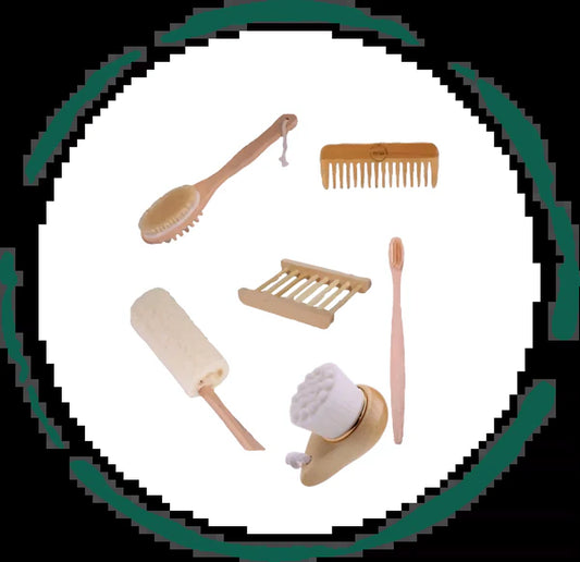 Zero-Waste Bamboo Bathroom Essentials Set – 6-Piece Eco-Friendly Kit with Brushes, Comb, Soap Dish & Toothbrush