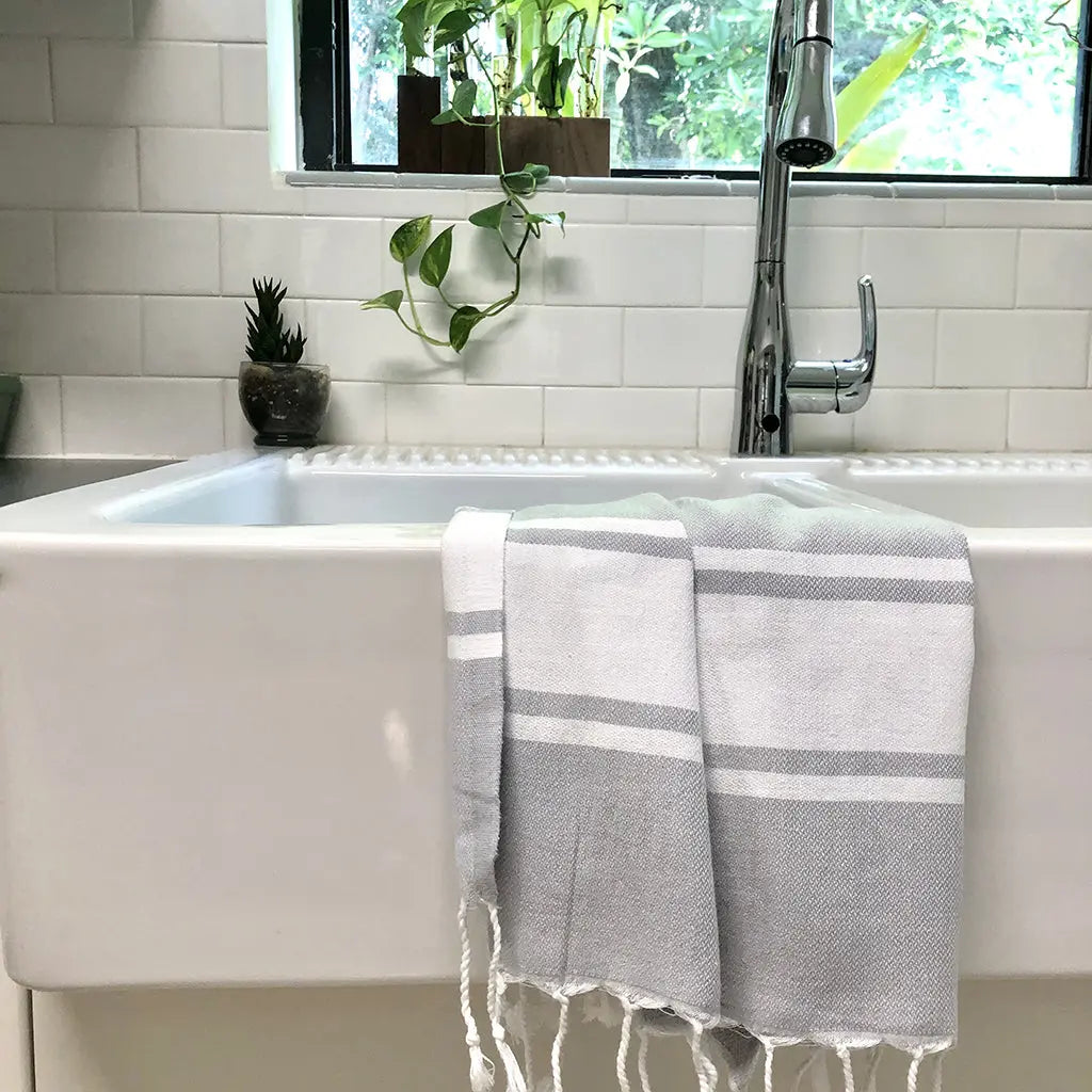 EcoGlow Essential Turkish Hand Towel – Striped Cotton Weave DC-SLATE + SALT